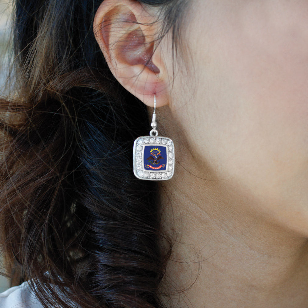 Silver North Dakota Flag Square Charm Dangle Earrings