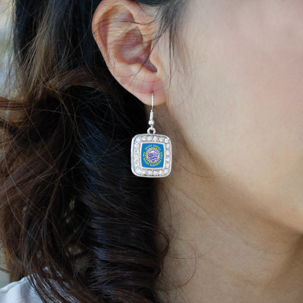 Silver South Dakota Flag Square Charm Dangle Earrings