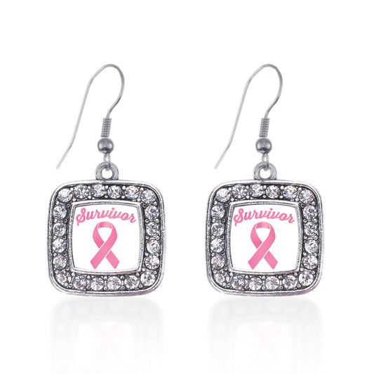 Silver Pink Ribbon Survivor Square Charm Dangle Earrings