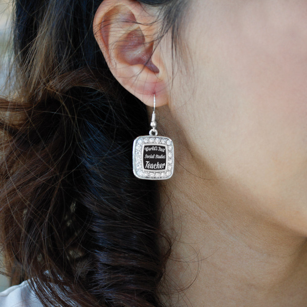 Silver World's Best Social Studies Teacher Square Charm Dangle Earrings