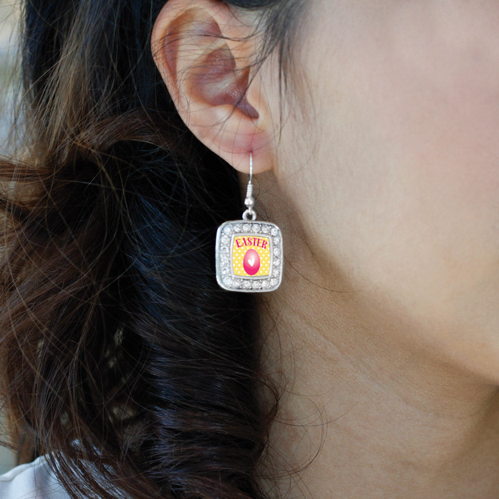 Silver Easter Square Charm Dangle Earrings