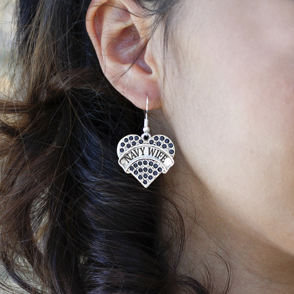 Silver Navy Wife Blue Pave Heart Charm Dangle Earrings