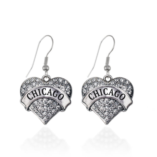 Silver Chicago Pave Heart Charm Dangle Earrings