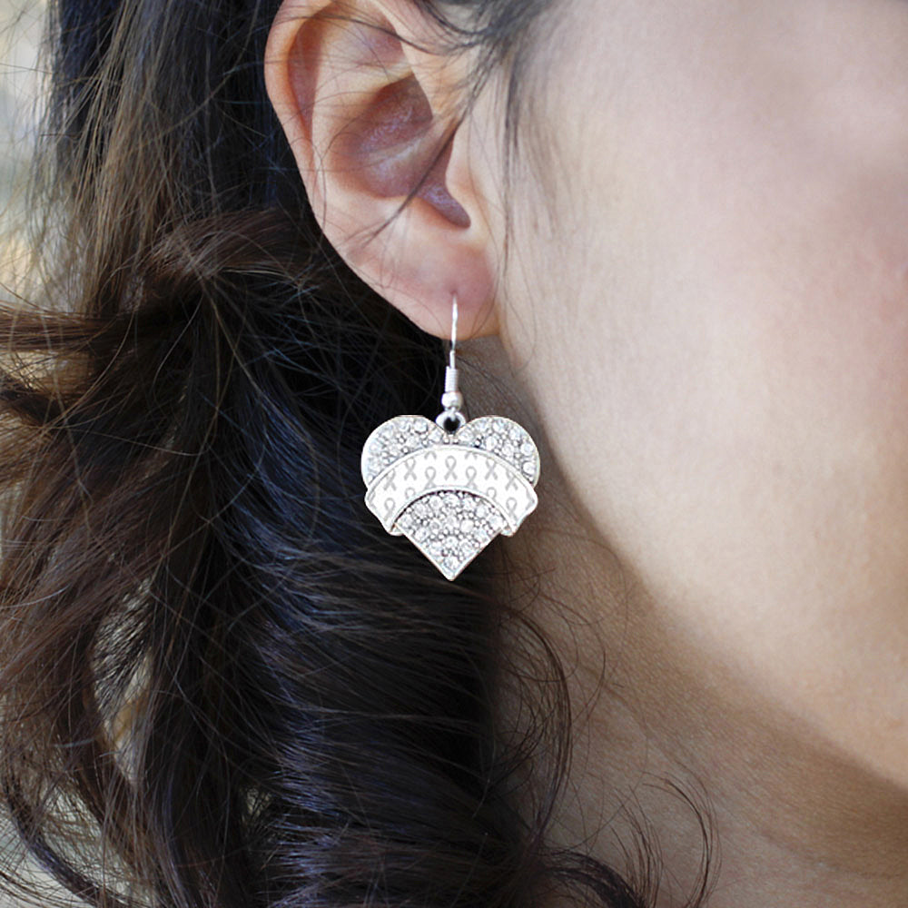 Silver White Ribbon Support Pave Heart Charm Dangle Earrings