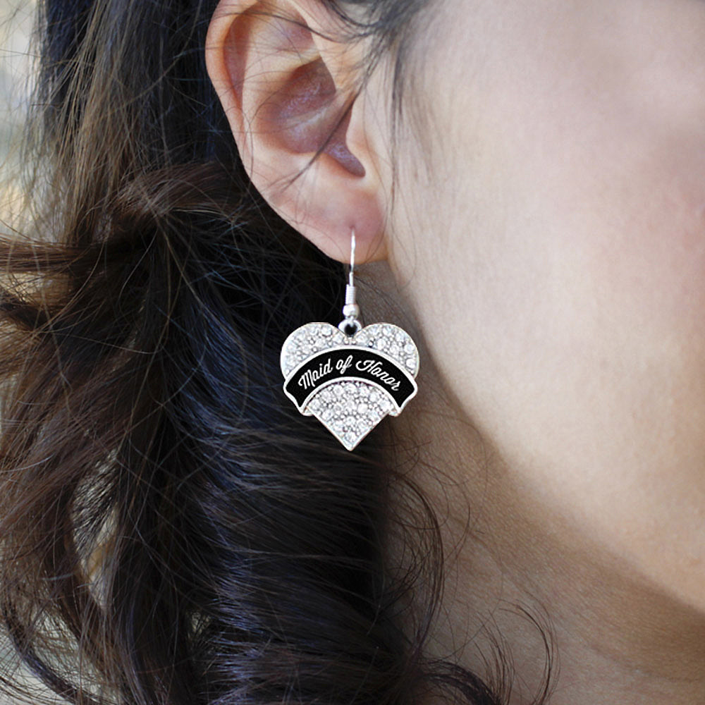 Silver Black and White Maid of Honor Pave Heart Charm Dangle Earrings