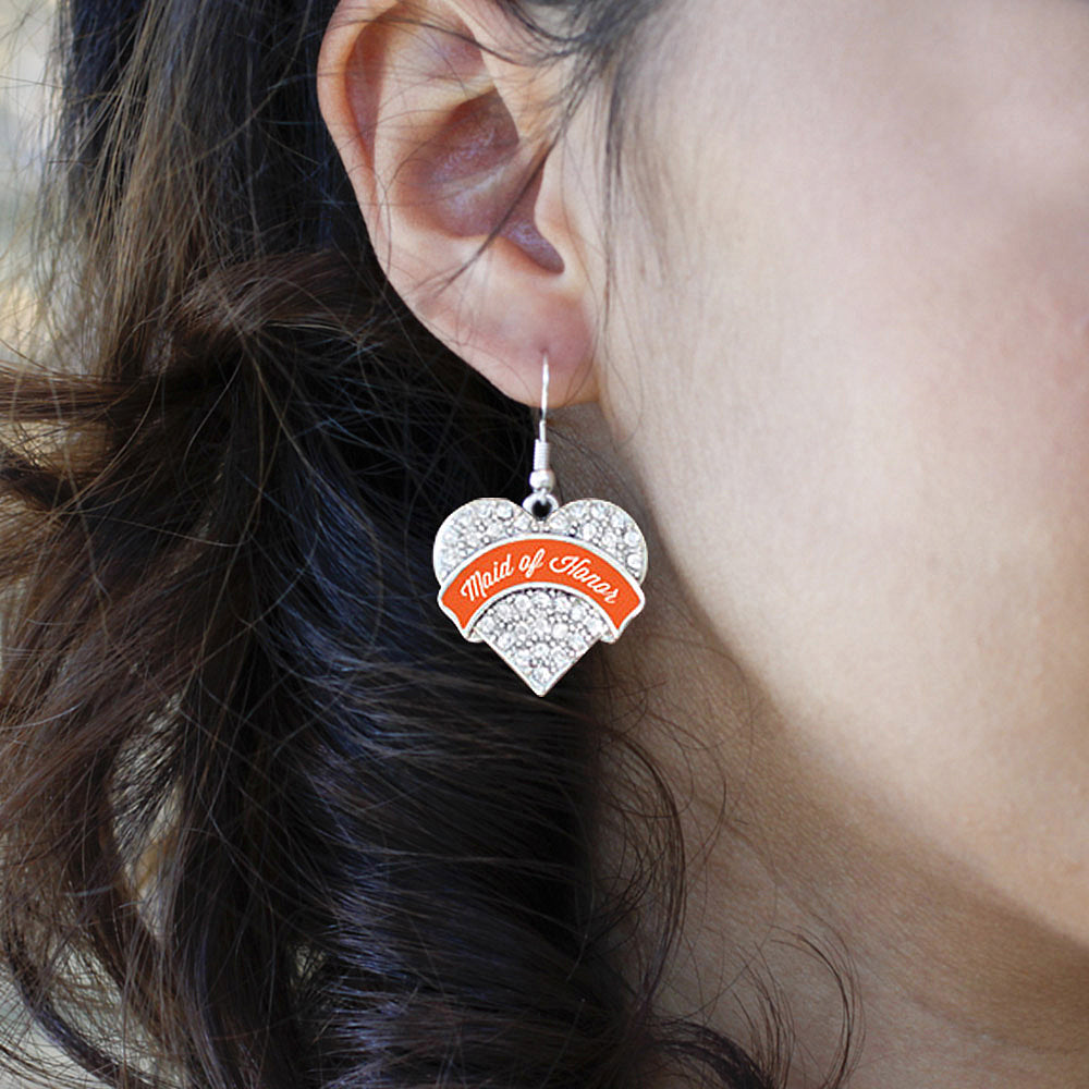 Silver Orange Maid of Honor Pave Heart Charm Dangle Earrings