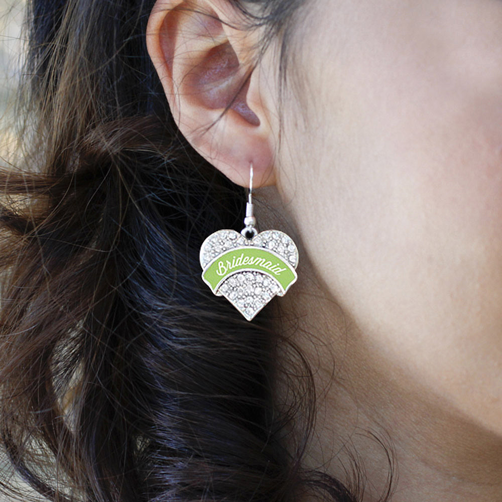 Silver Sage Green Bridesmaid Pave Heart Charm Dangle Earrings