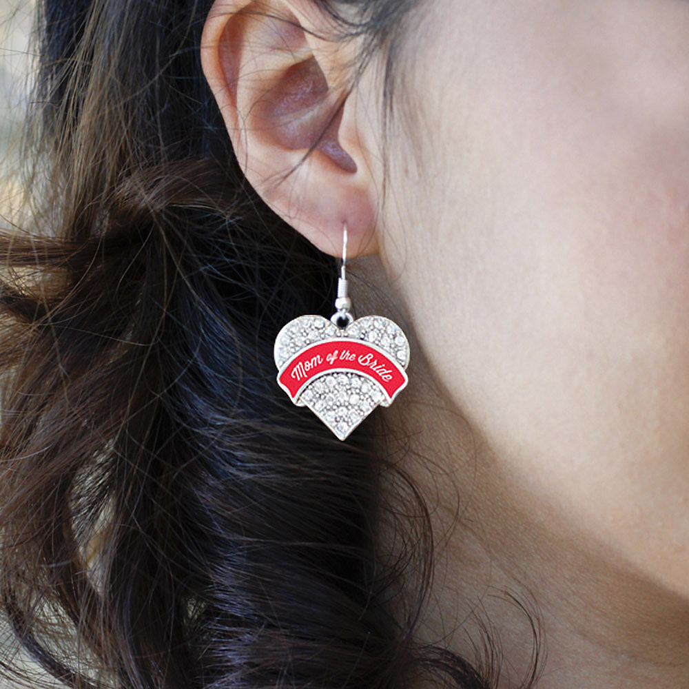Silver Red Mom of the Bride Pave Heart Charm Dangle Earrings