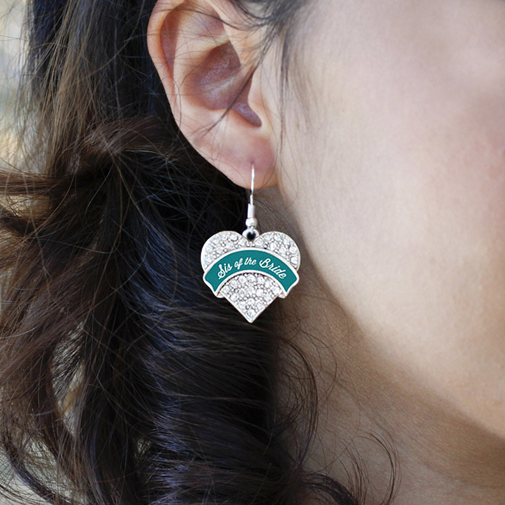 Silver Dark Teal Sis of Bride Pave Heart Charm Dangle Earrings