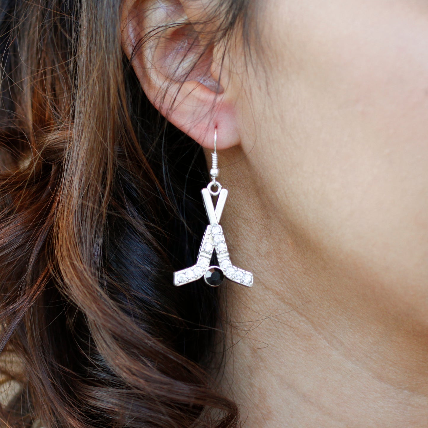 Silver Hockey Sticks & Puck Charm Dangle Earrings