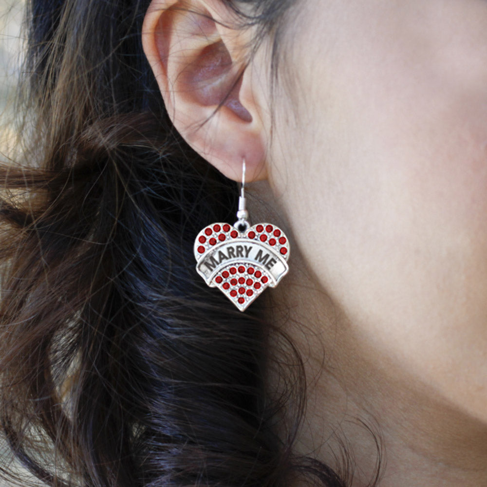 Silver Marry Me Red Candy Red Pave Heart Charm Dangle Earrings