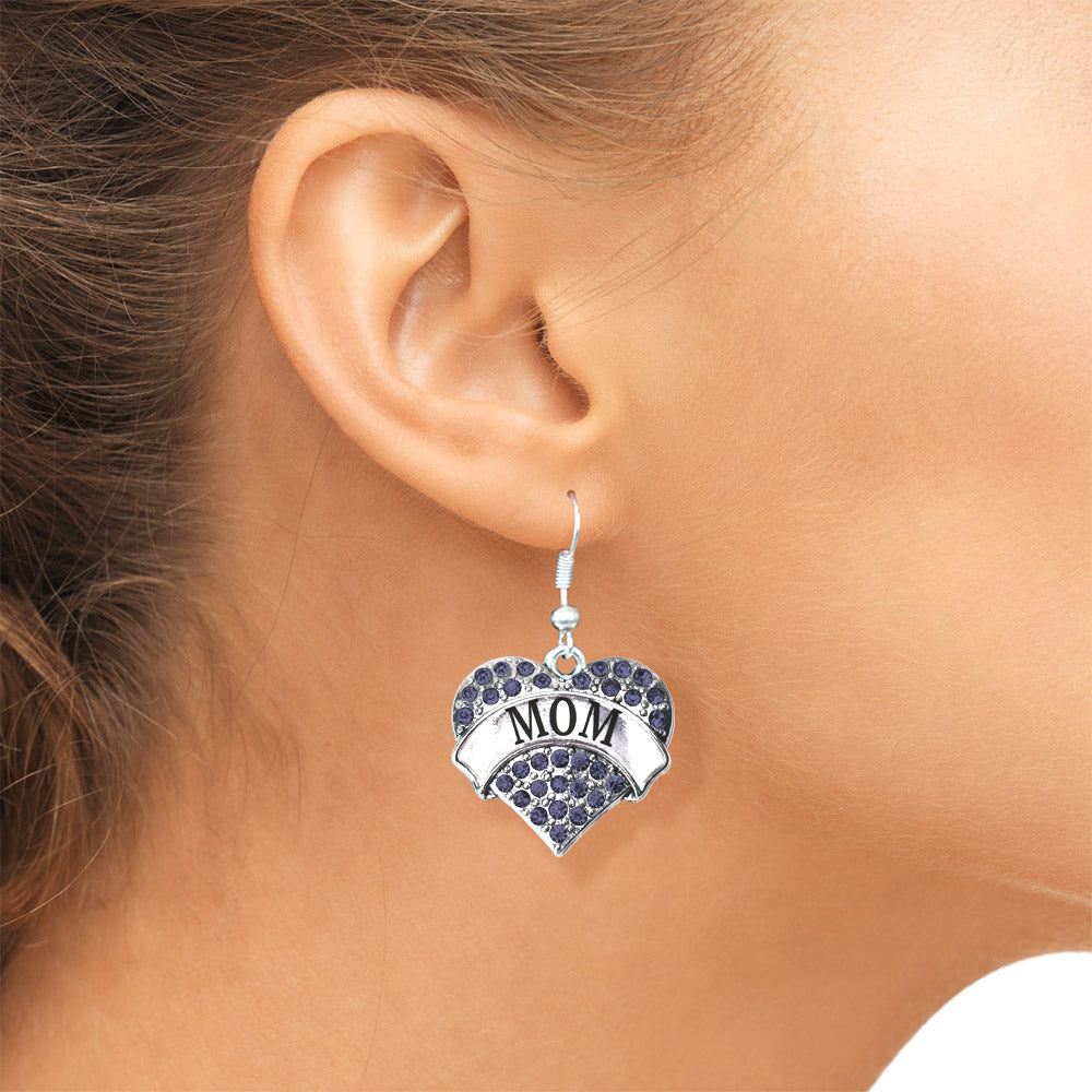 Silver Mom Navy Blue Blue Pave Heart Charm Dangle Earrings