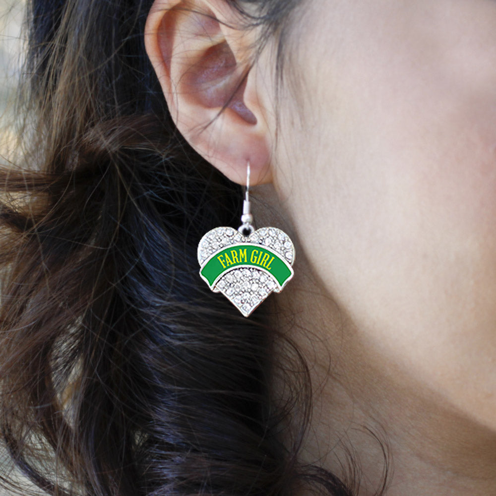 Silver Farm Girl Pave Heart Charm Dangle Earrings