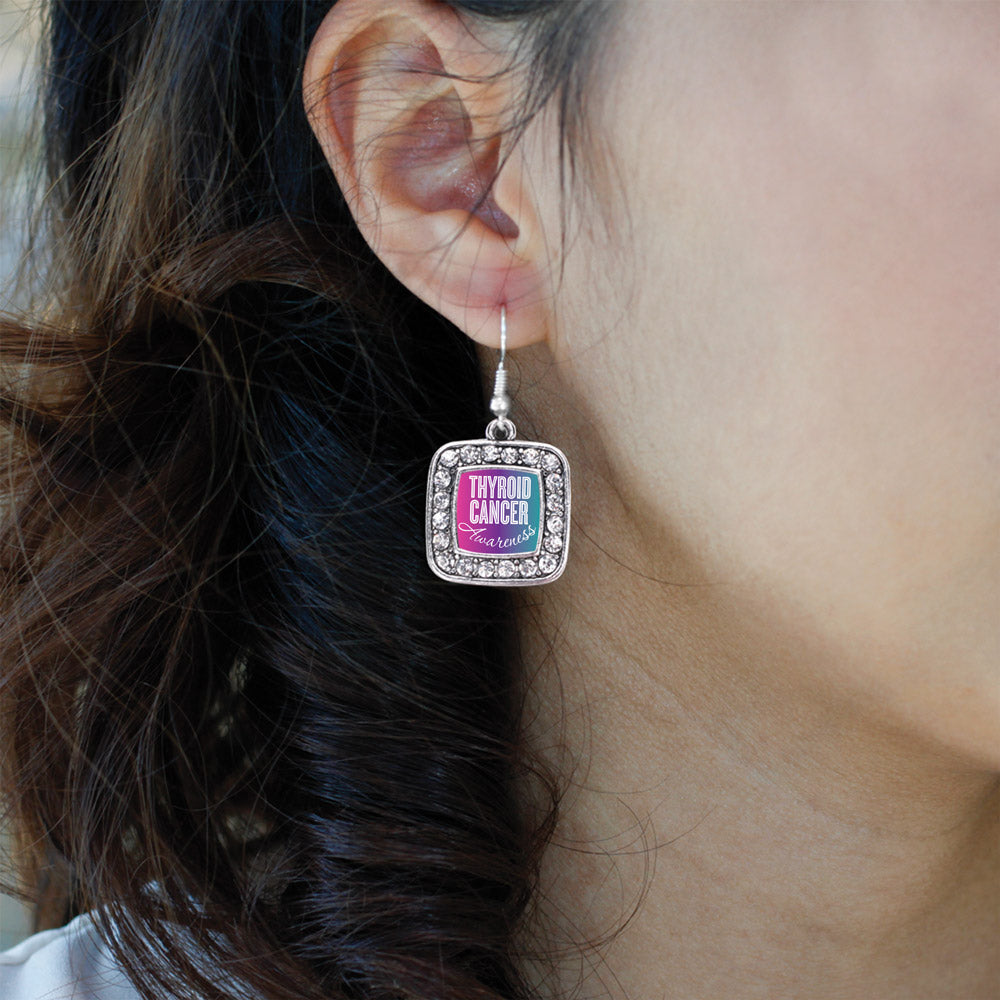 Silver Thyroid Cancer Awareness Square Charm Dangle Earrings