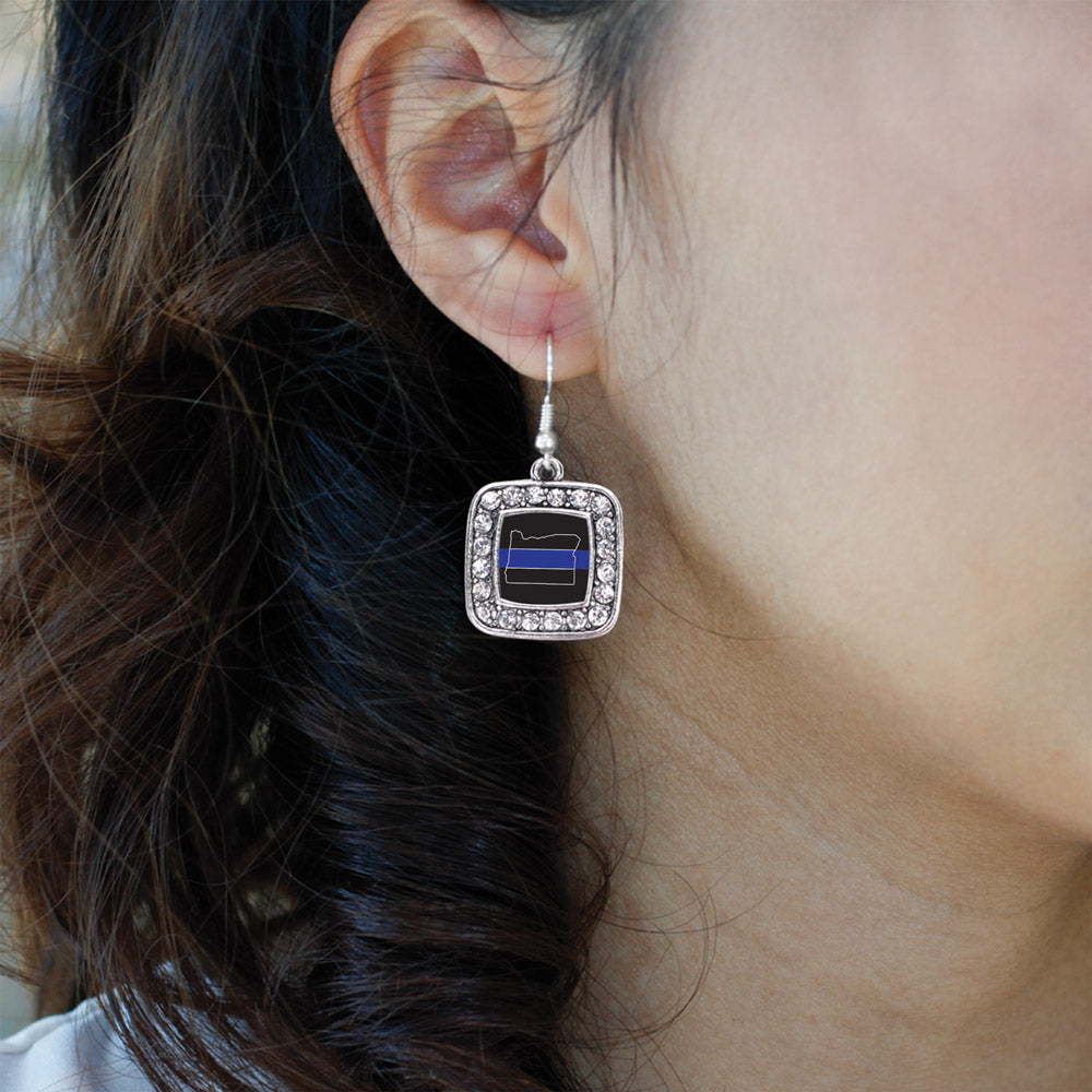 Silver Oregon Thin Blue Line Square Charm Dangle Earrings