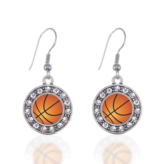 Silver Basketball Circle Charm Dangle Earrings