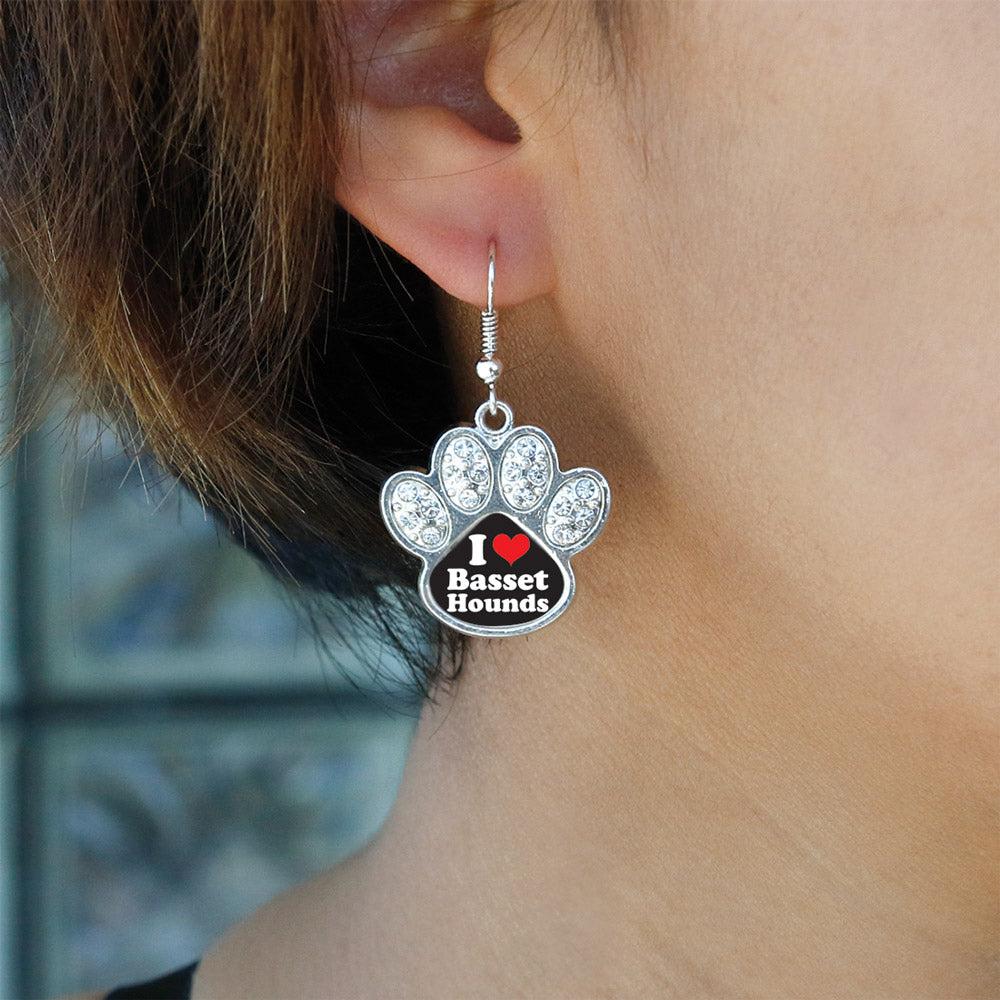 Silver I Love Basset Hounds Pave Paw Charm Dangle Earrings