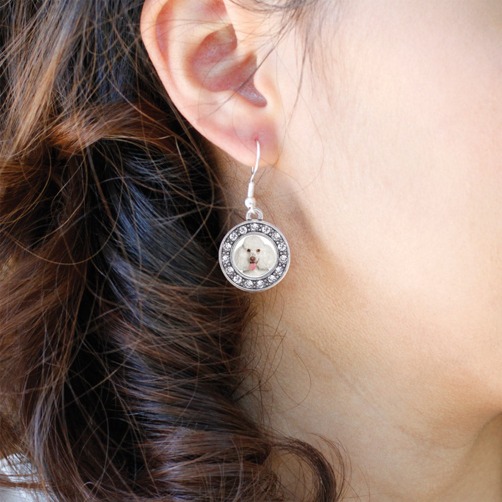 Silver Poodle Face Circle Charm Dangle Earrings