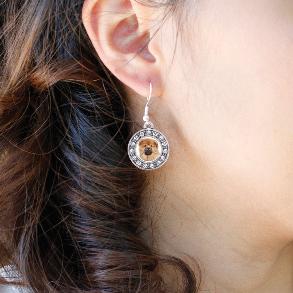 Silver Chow Chow Face Circle Charm Dangle Earrings