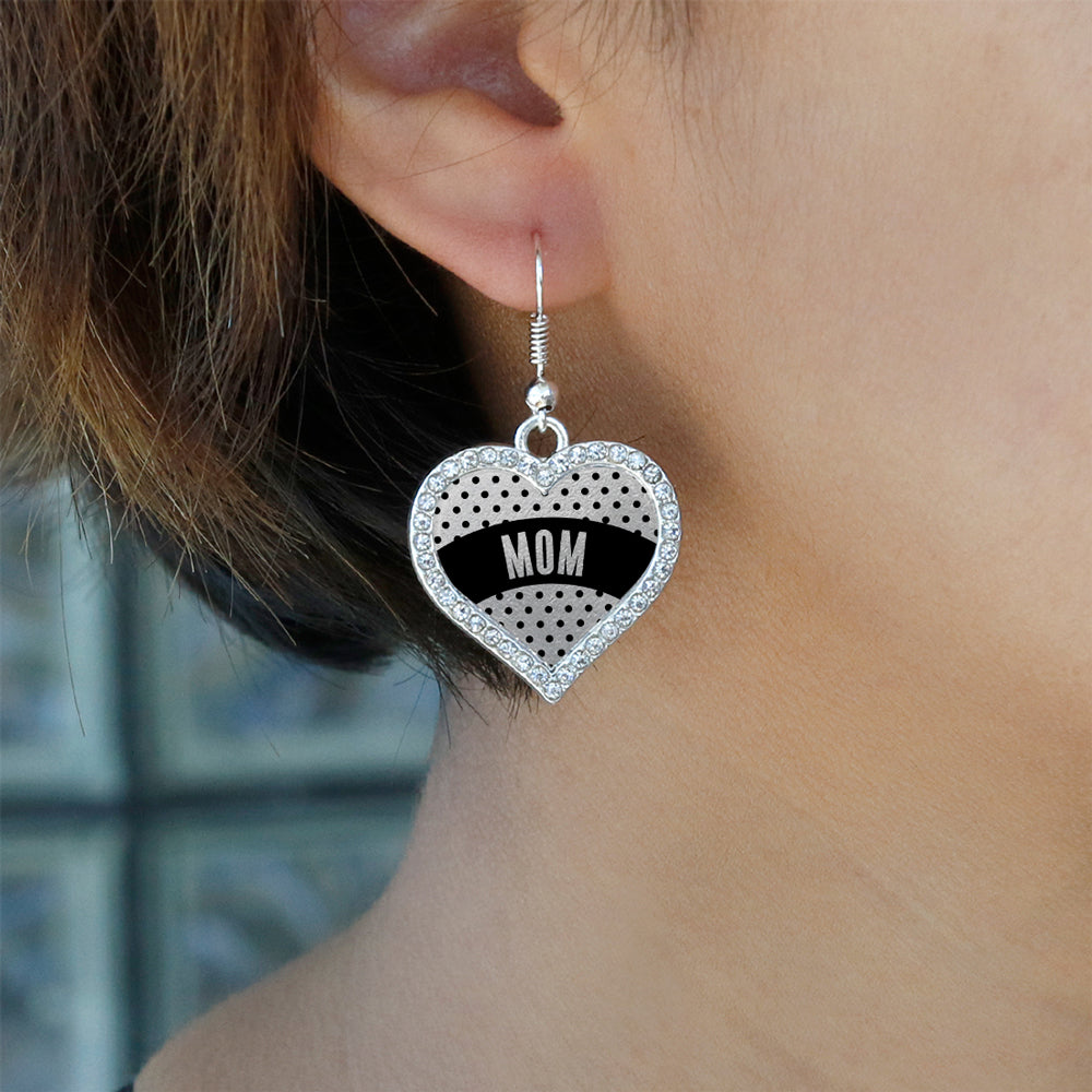 Silver Black Polka Mom Open Heart Charm Dangle Earrings