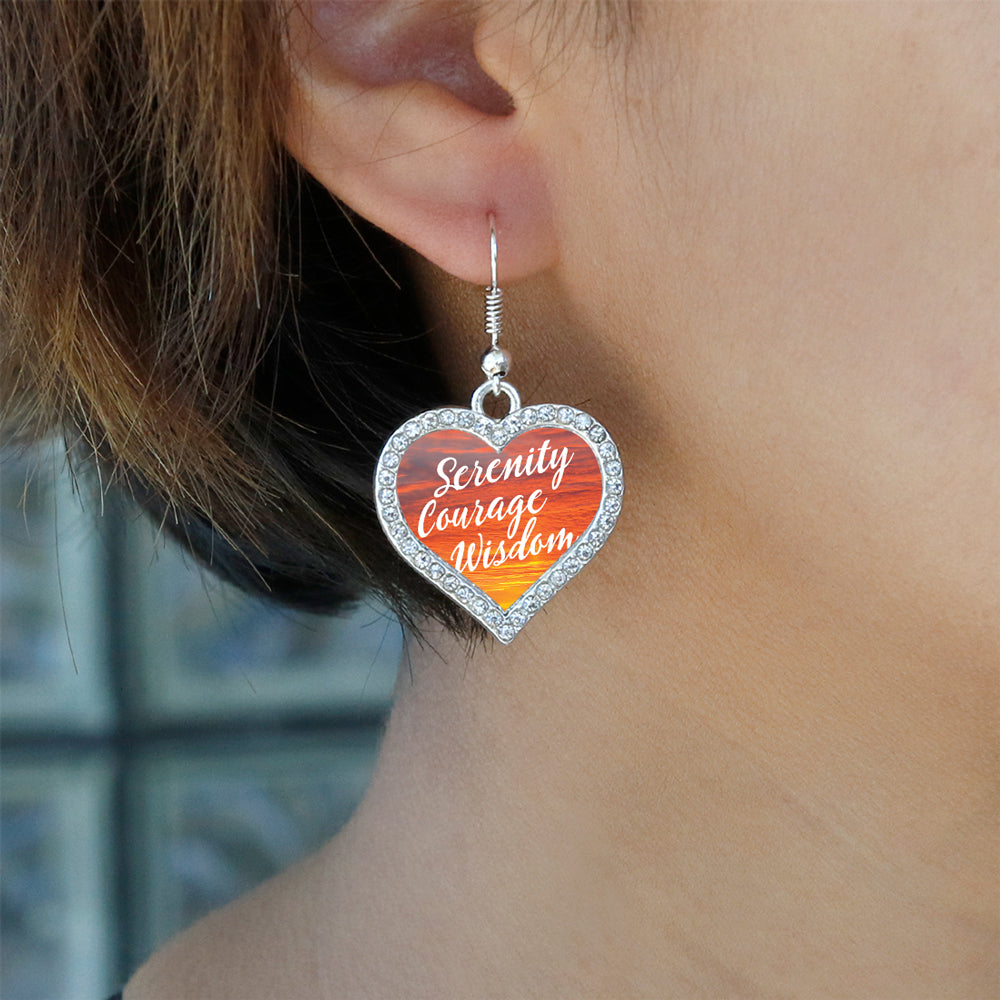 Silver Sunset Serenity Prayer Open Heart Charm Dangle Earrings