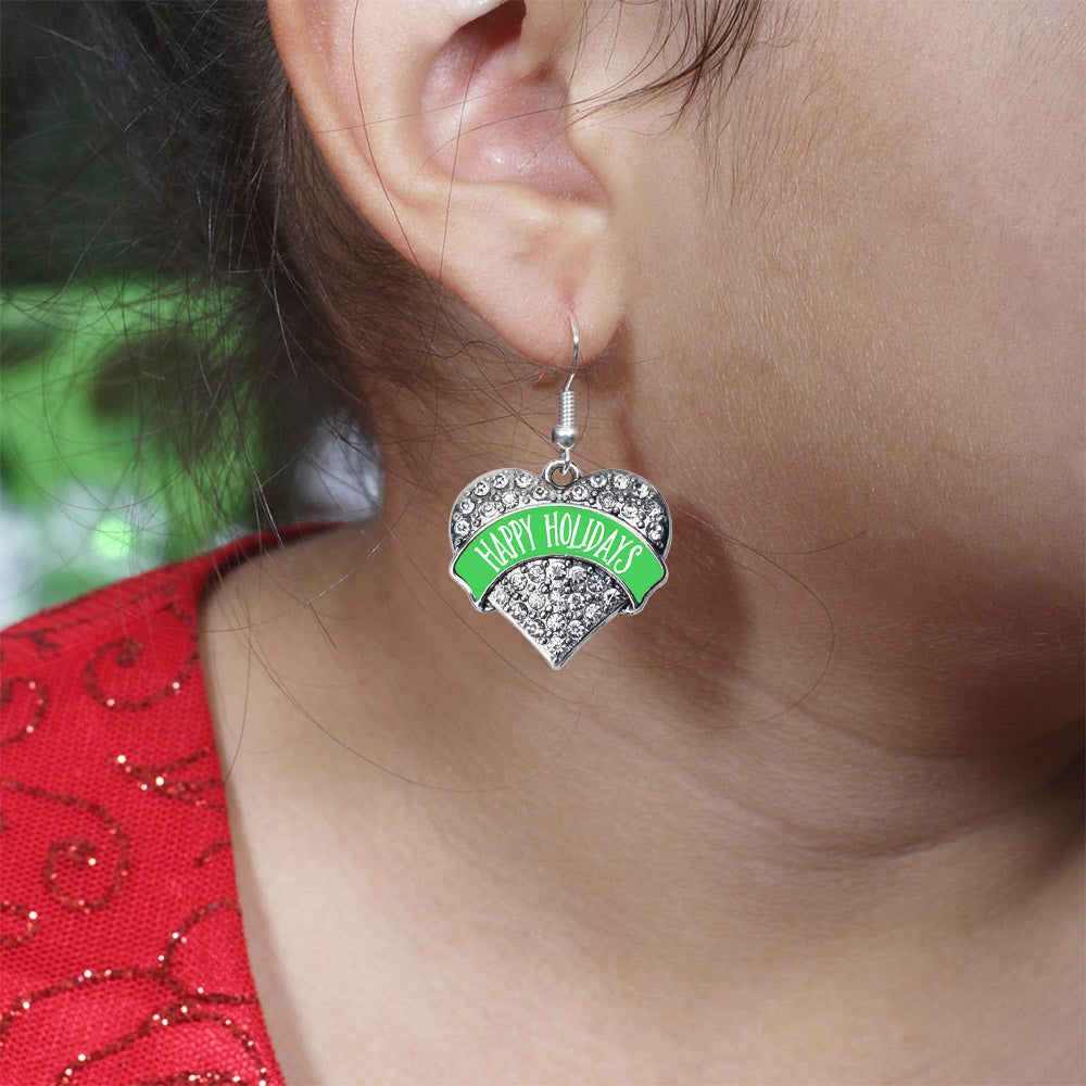 Silver Green Banner Happy Holidays Pave Heart Charm Dangle Earrings