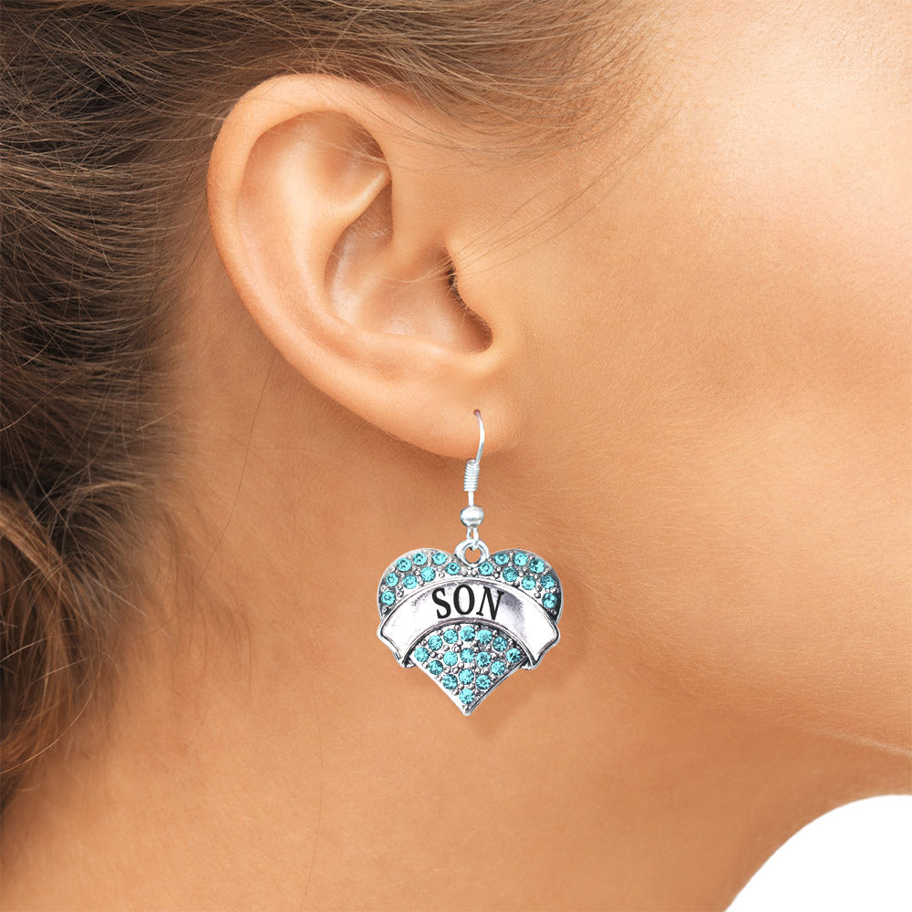 Silver Son Aqua Aqua Pave Heart Charm Dangle Earrings