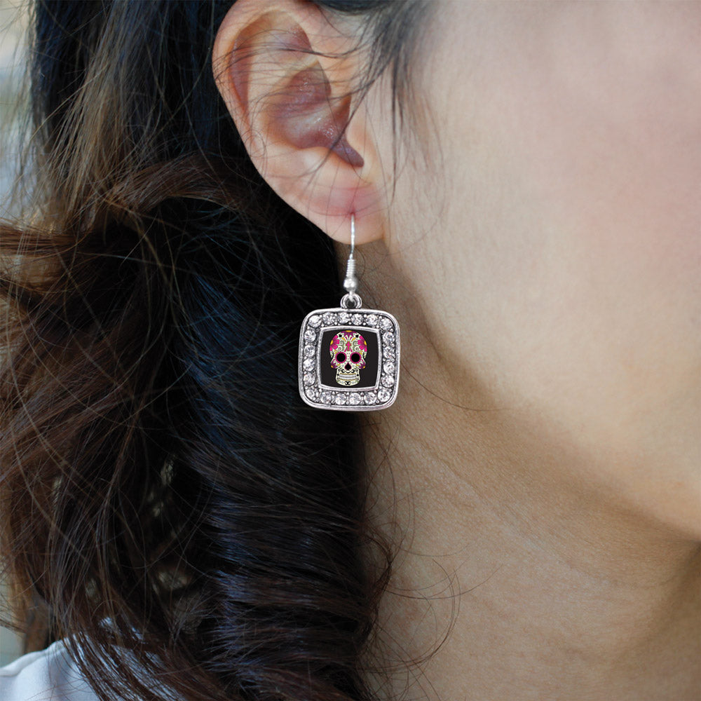 Silver Sugar Skull Square Charm Dangle Earrings