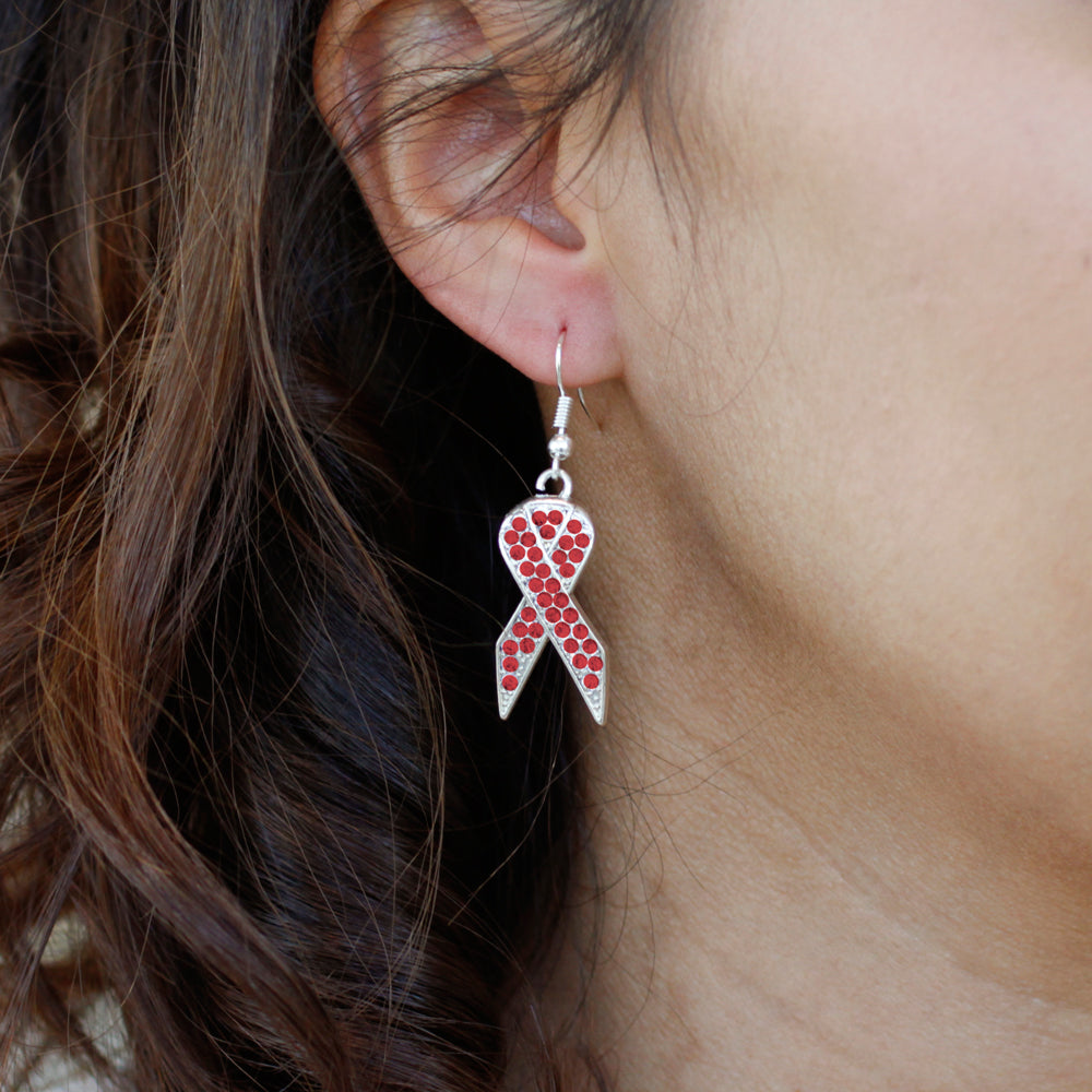 Silver Red Ribbon Charm Dangle Earrings