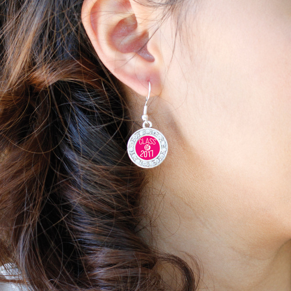 Silver Fuchsia Class of 2017 Circle Charm Dangle Earrings