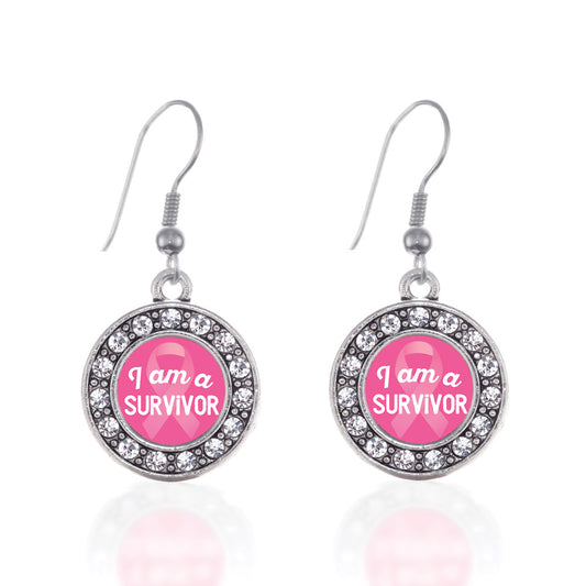 Silver I am a Survivor Breast Cancer Awareness Circle Charm Dangle Earrings