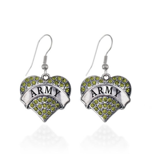 Silver Army Green Pave Heart Charm Dangle Earrings