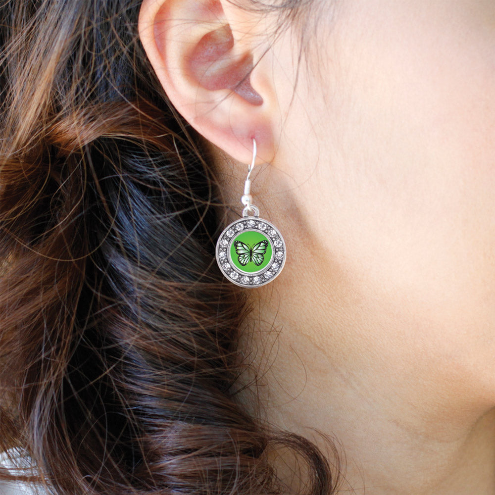 Silver Green Butterfly Circle Charm Dangle Earrings