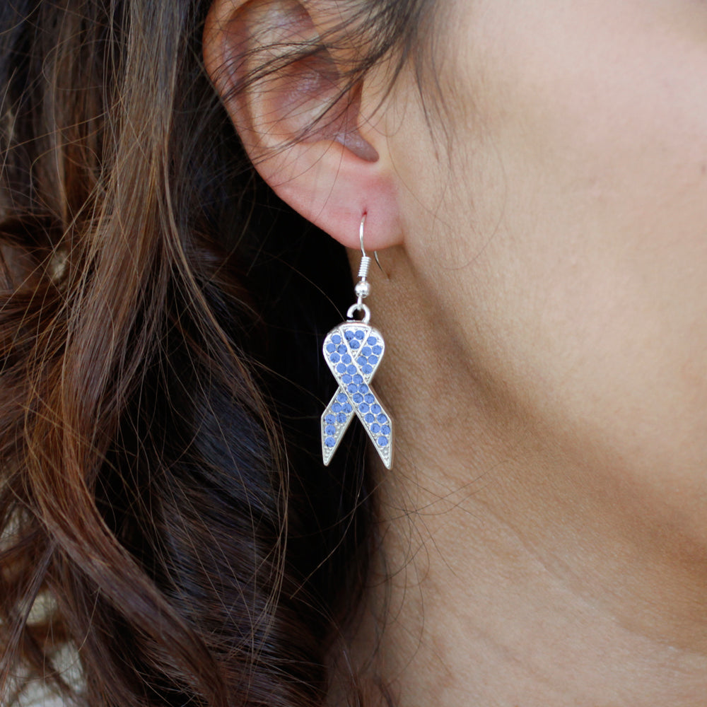 Silver Blue Ribbon Charm Dangle Earrings