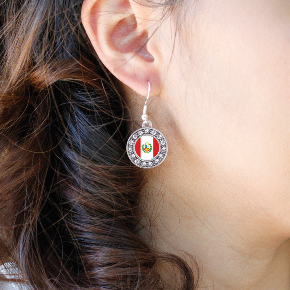 Silver Peru Flag Circle Charm Dangle Earrings