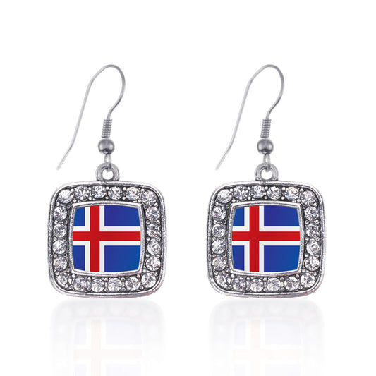Silver Iceland Flag Square Charm Dangle Earrings