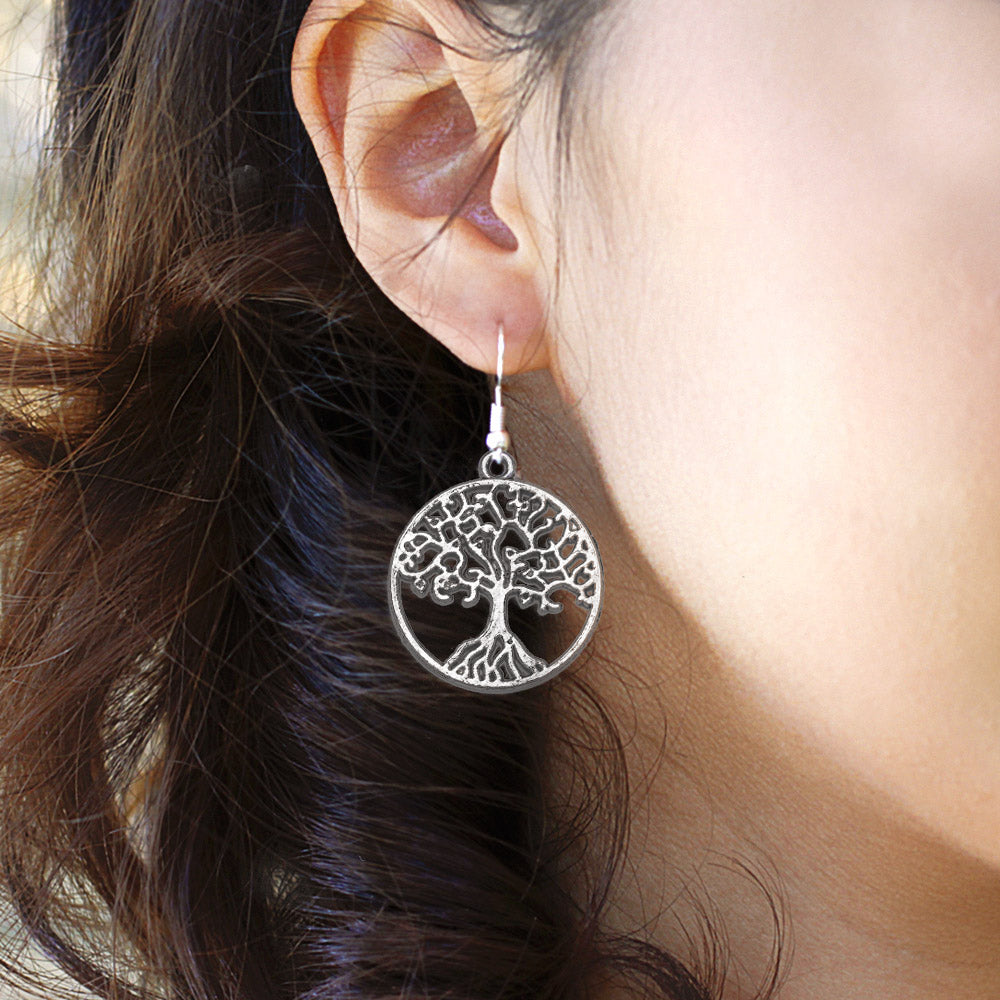 Silver Tree Of Life Charm Dangle Earrings