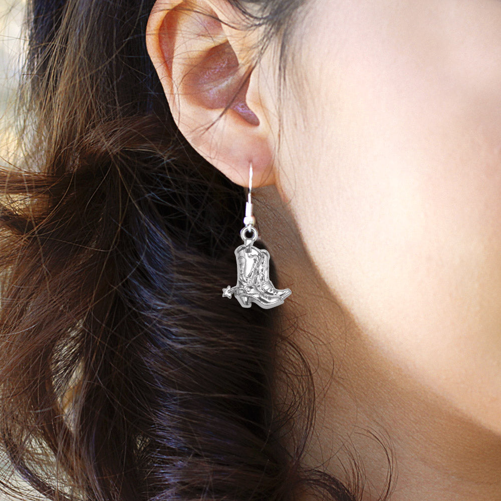 Silver Petite Cowgirl Boot Charm Dangle Earrings
