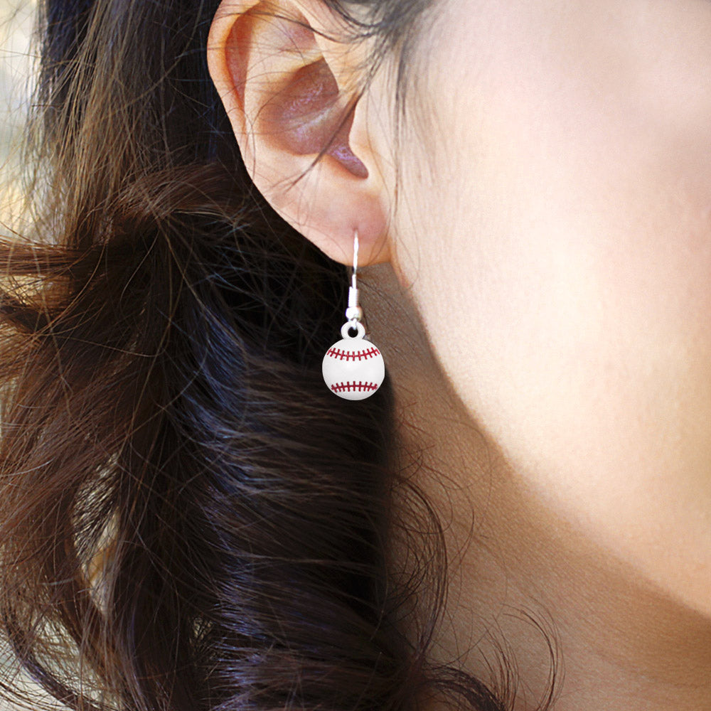 Silver Petite Baseball Charm Dangle Earrings