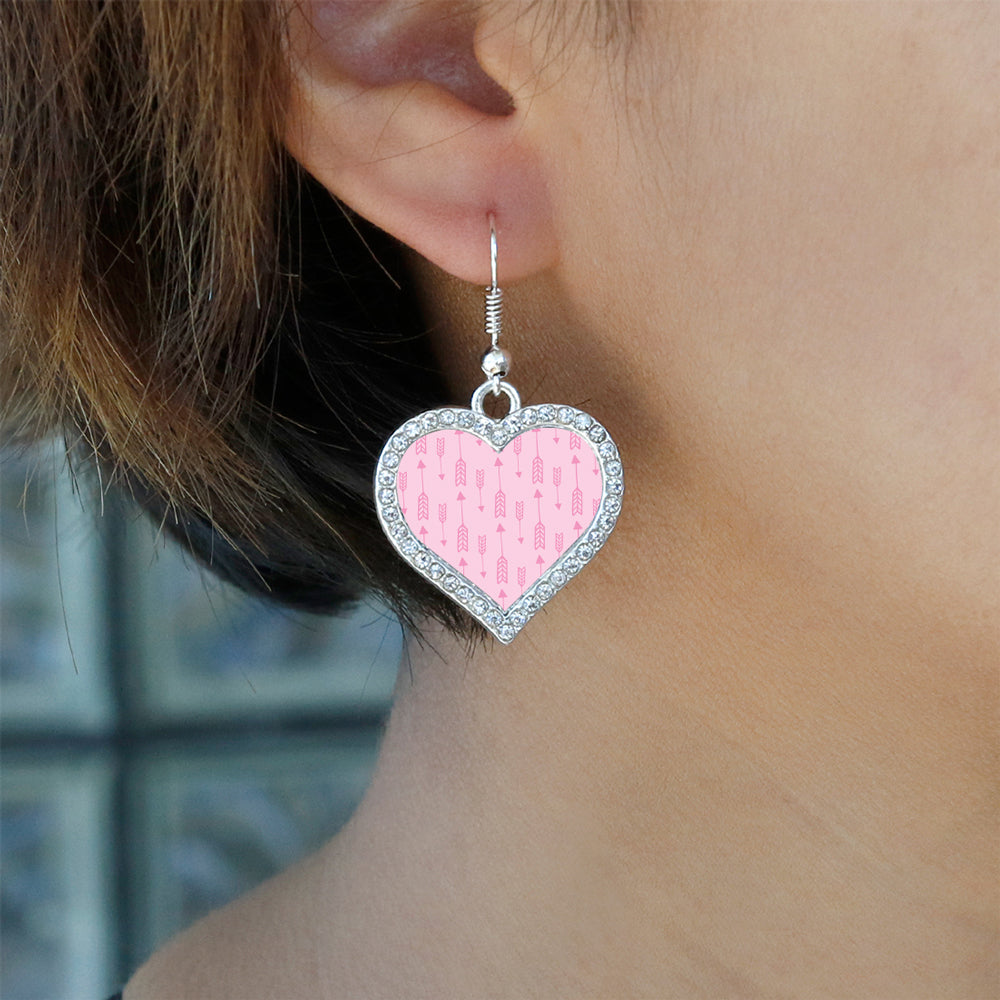 Silver Arrow Pattern Pink Open Heart Charm Dangle Earrings