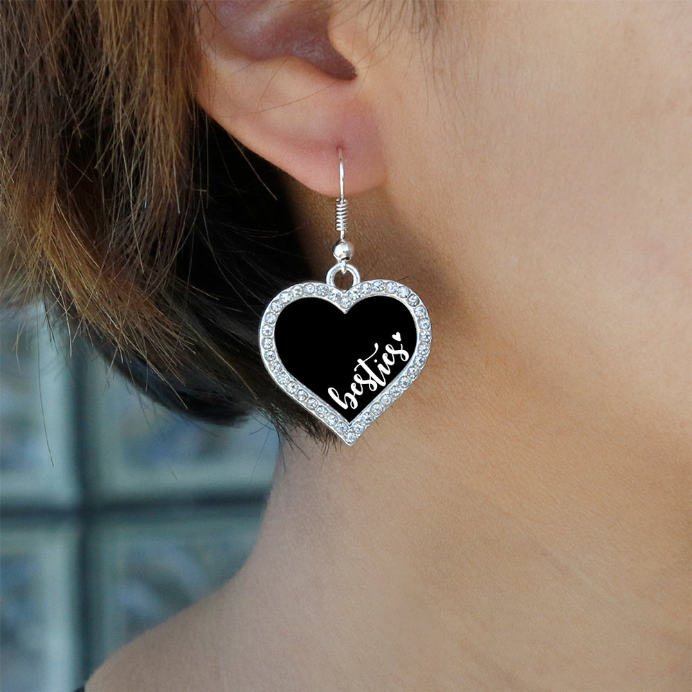 Silver Besties - Black Open Heart Charm Dangle Earrings