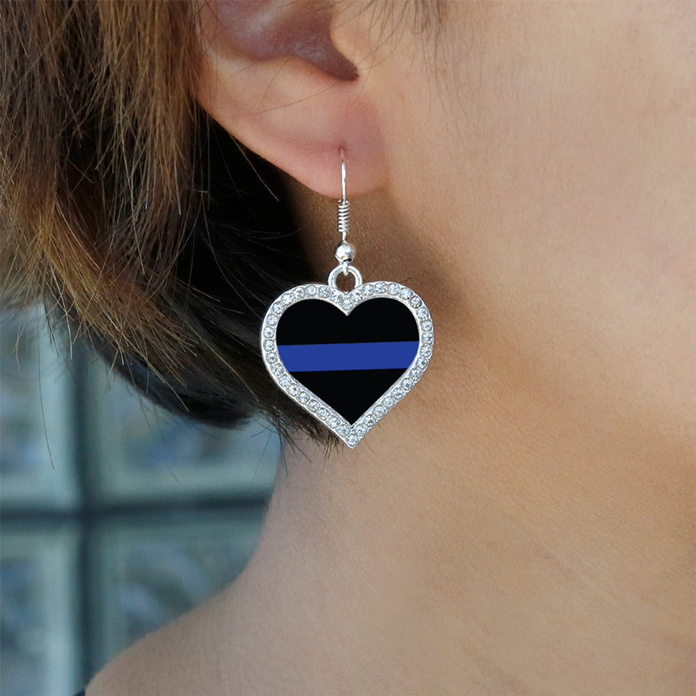 Silver Thin Blue Line - Police Support Open Heart Charm Dangle Earrings