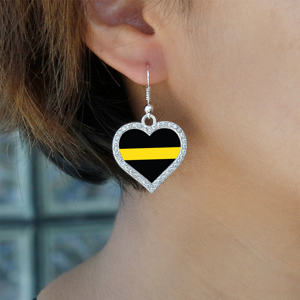 Silver Thin Yellow Line - Dispatcher Support Open Heart Charm Dangle Earrings