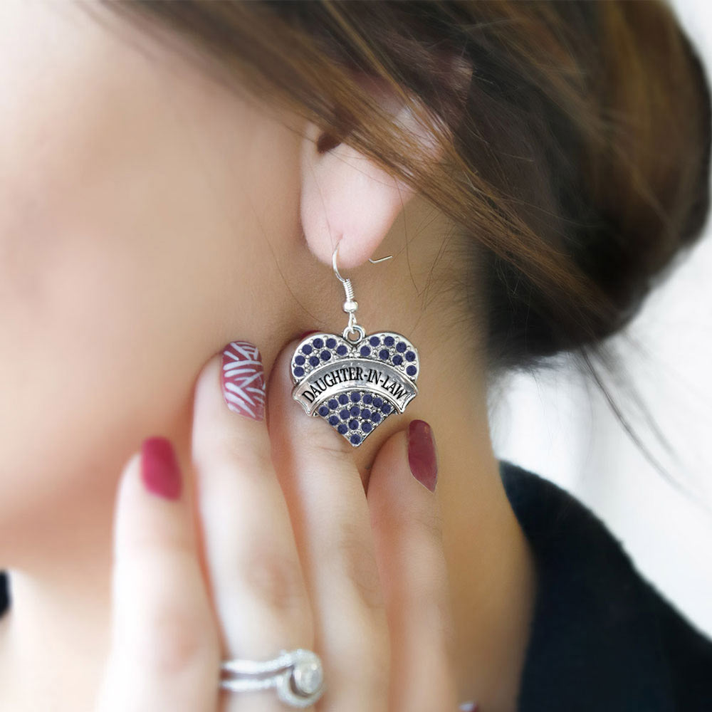Silver Daughter-In-Law Blue Pave Heart Charm Dangle Earrings