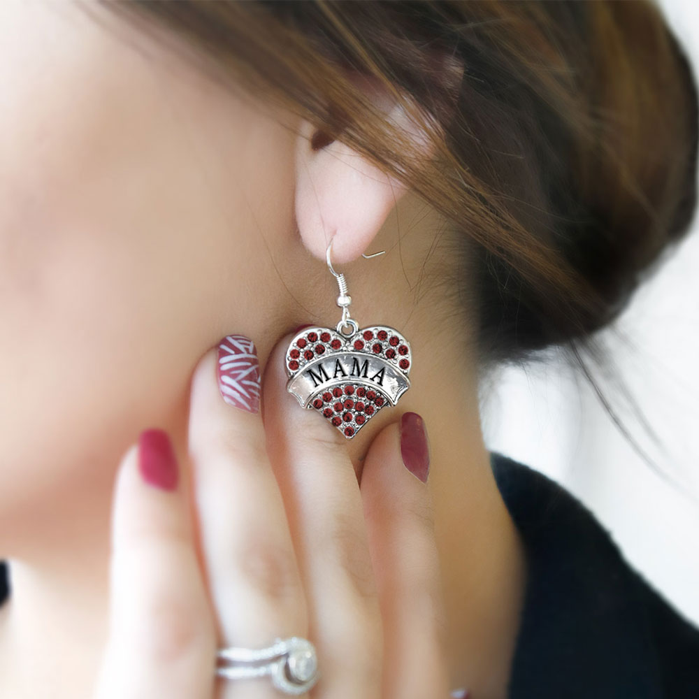 Silver Mama Red Pave Heart Charm Dangle Earrings