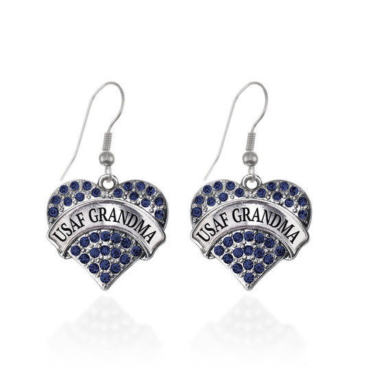 Silver USAF Grandma Blue Pave Heart Charm Dangle Earrings