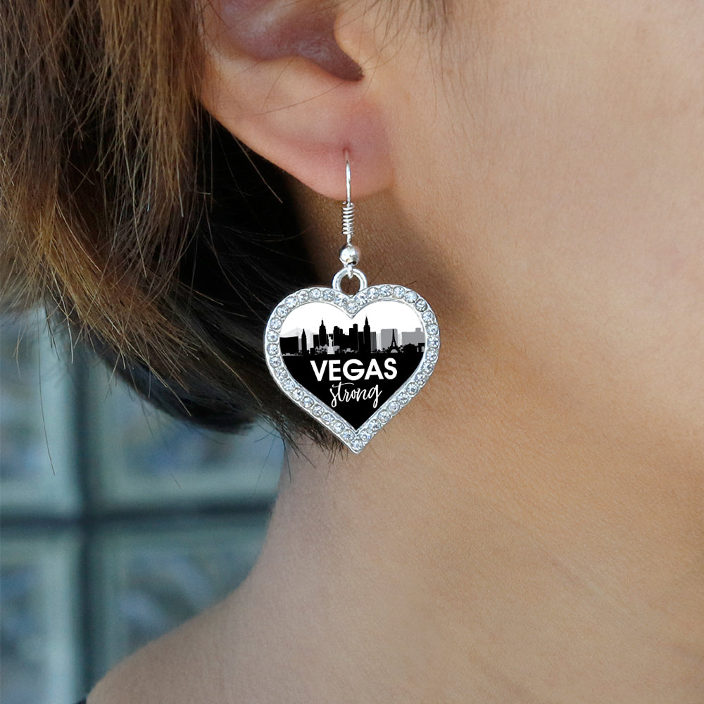 Silver Vegas Strong - City Skyline Open Heart Charm Dangle Earrings