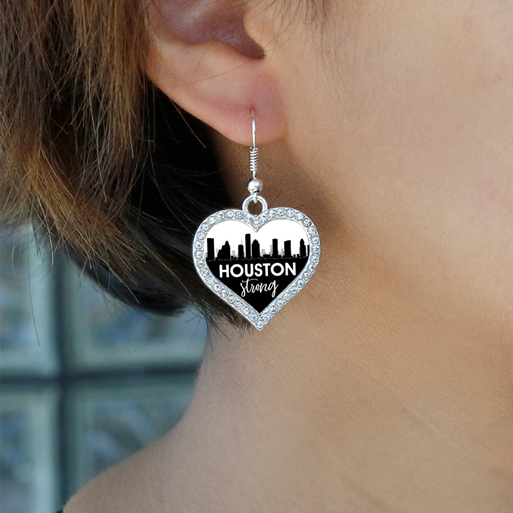 Silver Houston Strong - City Skyline Open Heart Charm Dangle Earrings
