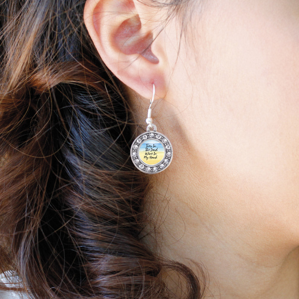 Silver Toes in the Sand, Wine in My Hand Circle Charm Dangle Earrings