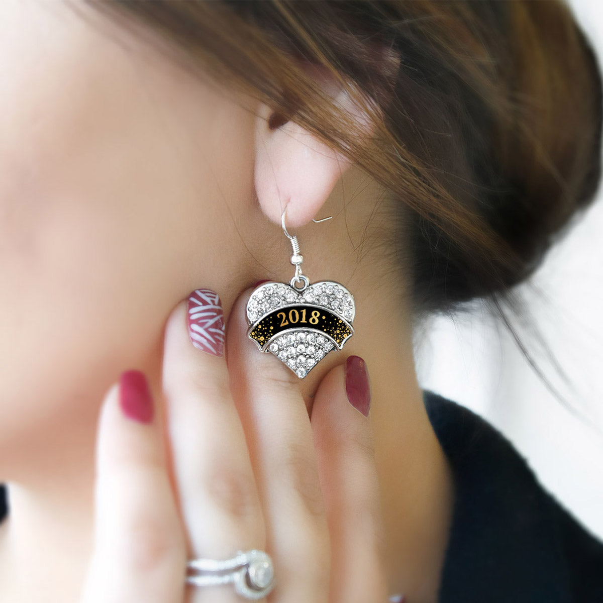 Silver Black and Gold New Year's 2018 Pave Heart Charm Dangle Earrings